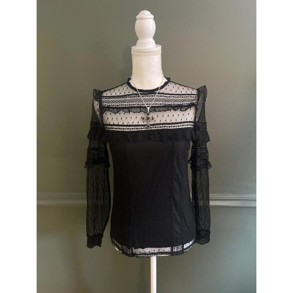 Express Long Sleeve Black Mesh Lace Top - Dark Academia Witchy Victorian Goth S